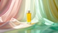 Elegant Amber Perfume Bottle on Pastel Silk Drape Beauty Product Skincare Fragrance AI generated. Royalty Free Stock Photo