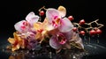 A sophisticated arrangement of elegant orchids, their intricate, delicate petals adorned with dew drops,