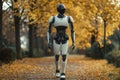 Generative Ai, Sophisticated artificial intelligence robot Walking in a garden of fall foliage
