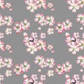 Sophisticated beautiful cute lovely tender herbal floral spring flowers of apple with green leaves pattern on beige background