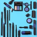 Sophisticated beauty Womens cosmetic products set on a chic blue