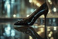 Sophisticated black patent leather pump captured in a high-fashion setting with a focus on its shiny finish