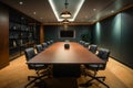 Sophisticated boardroom design large black table, plush brown chairs, TV