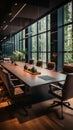 Sophisticated boardroom design large black table, plush brown chairs, TV