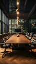 Sophisticated boardroom design large black table, plush brown chairs, TV