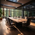 Sophisticated boardroom design large black table, plush brown chairs, TV