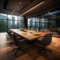 Sophisticated boardroom design large black table, plush brown chairs, TV