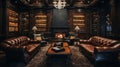 A sophisticated cigar lounge, leather sofas.