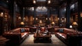 A sophisticated cigar lounge, leather sofas, wooden paneling. Royalty Free Stock Photo