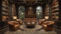 Sophisticated cigar lounge with rich leather chairs and wood accents3D render