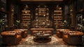 Sophisticated cigar lounge with rich leather chairs and wood accents3D render