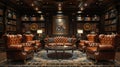 Sophisticated cigar lounge with rich leather chairs and wood accents3D render