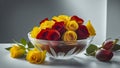 Sophisticated Clear Glass Bowl Filled With Lush Red And Yellow Roses Rests On A White Surface Royalty Free Stock Photo