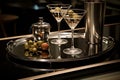 Cocktail shaker and martini glasses on mirrored tray. Generative AI Royalty Free Stock Photo