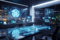 Sophisticated command center with holographic displays, data visualizations, and city lights visible through large windows Royalty Free Stock Photo
