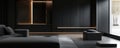 A sophisticated 3D black interior featuring matte black walls and sleek, angular forms. The soft,