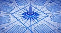 Futuristic 3D rendered structure with blue and white interconnected lines forming complex symmetrical pattern with central tower Royalty Free Stock Photo