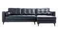 Sophisticated dark gray leather sectional sofa with chaise lounge and cylindrical pillows, elegantly set on tapered legs