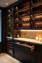 Sophisticated dark wood wine cellar with marble countertop and led lighting, featuring a convenient pull-out drawer for easy Royalty Free Stock Photo