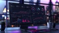 Advanced Data Analytics Dashboard Displayed on a Sleek Monitor With City Skyline in the Background During Evening Royalty Free Stock Photo