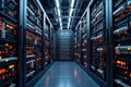 Sophisticated data center server room with advanced network infrastructure and illuminated equipment Royalty Free Stock Photo