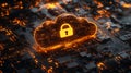 A sophisticated digital image with a neon cloud and lock glowing brightly, surrounded by complex circuit board designs Royalty Free Stock Photo