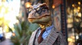 Sophisticated dinosaur roams city streets in tailored splendor, epitomizing street style