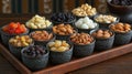 Sophisticated Display of Roasted Nuts and Dried Fruit in Decorative Bowls with Space for Caption Royalty Free Stock Photo