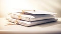 A sophisticated and elegant image of a stack of white papers tied with a gold ribbon on a white surface. The topmost