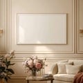 Elegant Living Room with Blank Picture Frame Mockup and Floral Decor Royalty Free Stock Photo