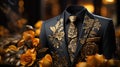 Sophisticated Floral Embroidered Suit with Golden Detailing Elegance. GenerativeAI
