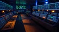 Futuristic control room with multiple computer monitors displaying data analytics and graphs in dim blue lighting atmosphere Royalty Free Stock Photo
