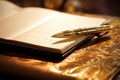 Sophisticated gold-plated pen resting on leather-bound journal. Generative AI Royalty Free Stock Photo