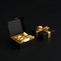 Two Black Gift Boxes Mockup with Golden Wrapping Paper, Opened and Closed On Black Background Royalty Free Stock Photo