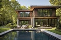 Luxury Summer Modern House Exterior with A Pool and Loungers