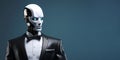 A sophisticated humanoid robot dressed in a formal black tuxedo suit on a minimal blue banner background with copy space for text