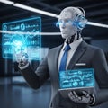 Humanoid robot interacting with futuristic holographic data displays Royalty Free Stock Photo