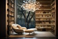 Sophisticated interior of a modern library space with vast bookshelves, a luxurious chair, and scenic outdoors