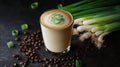 Sophisticated Latte Coffee with Spring Onion Garnish and Coffee Beans Royalty Free Stock Photo