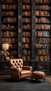 A sophisticated library with a 3D wall pattern resembling bookshelves