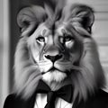 A sophisticated lion in a tuxedo, posing for a portrait with a regal and commanding presence1