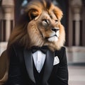 A sophisticated lion in a tuxedo, posing for a portrait with a regal and commanding presence2