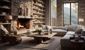 Sophisticated Living Area with Stone Fireplace and Mountain View