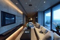 sophisticated media room with ambient lighting, comfortable sofas, and a large screen, enveloped by a warm and inviting