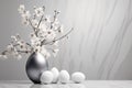 Sophisticated Monochrome Easter: Textured Vase with White Blossoms and Matte Eggs, a Modern Take on Spring Decor for an