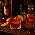 Sophisticated Negroni cocktail made with gin Campari, vermouth, orange peel twist. AI generated