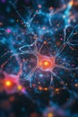 Sophisticated neural pathway visualization illuminated by pulsing neon effects that suggest synaptic activity and data transfer