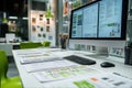 Sophisticated Office Setup and Analytics Display. A modern office layout with a focus on clear analytics and efficient Royalty Free Stock Photo