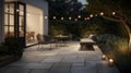 A sophisticated outdoor space with a minimalist flagstone patio and elegant lighting. AI generated Royalty Free Stock Photo