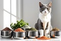 Sophisticated Palate: Domestic Feline Sitting Beside an Assortment of Gourmet Cat Food in Silver Bowls